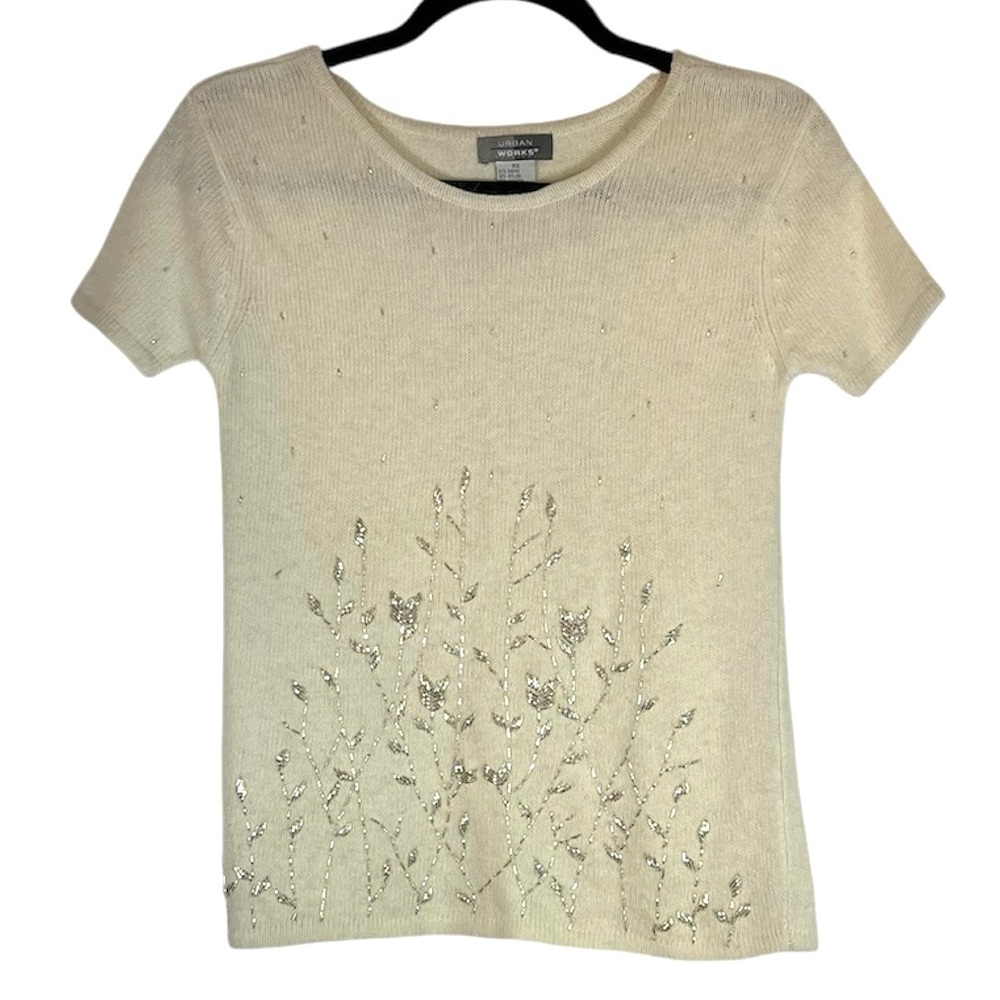 Vtg Urban Works Angora Blend Cream Short Sleeve Sweater Silver Beading Size XS